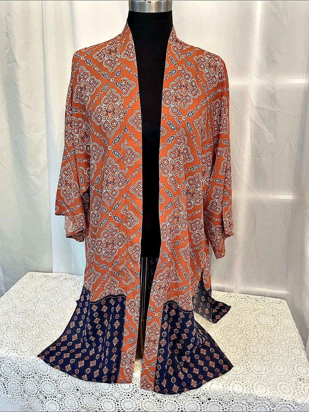 Hem & Thread Terracotta and Navy Paisley Kimono Orange & Blue Size S/M